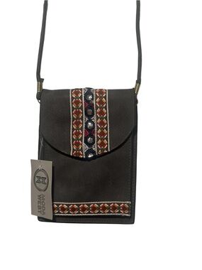 Grey Crossbody Phone Bag with Patterned Trim